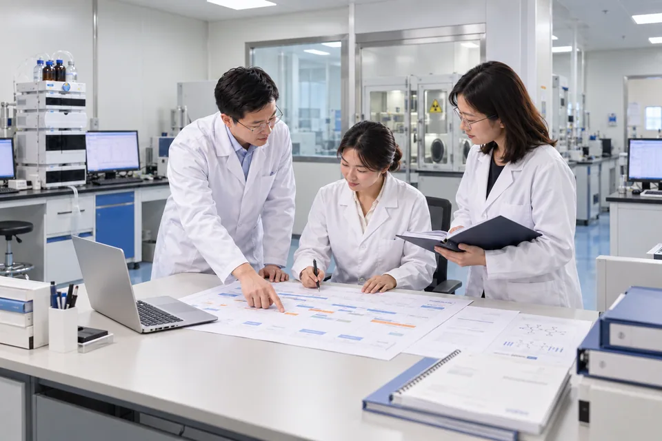 Cross-functional project professionals reviewing a development plan in a radiopharmaceutical laboratory