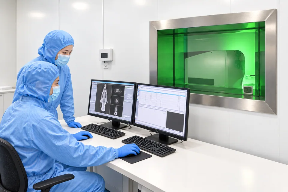 Researchers reviewing small-animal images at a SPECT/CT workstation