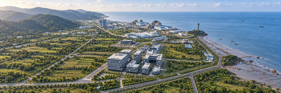 Aerial panorama showing the HUAHE campus in the foreground and Qinshan reactor buildings near the coast behind it