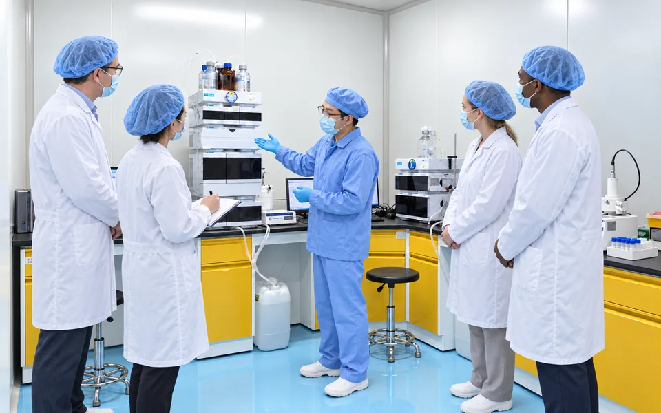 Illustrative scene of a HUAHE technical specialist explaining laboratory equipment to four visitors at the Qinshan premises