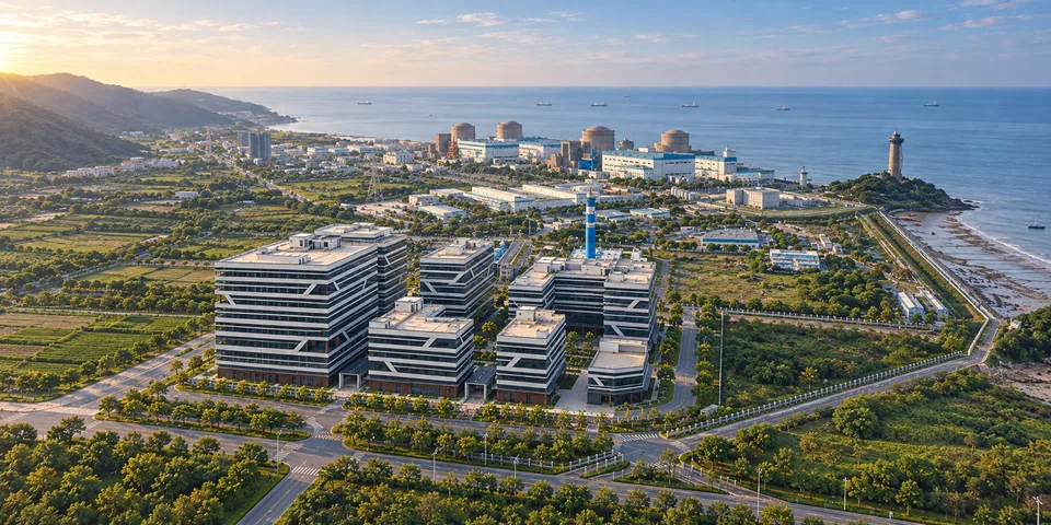 Coastal view of the Qinshan nuclear-industry cluster in Zhejiang