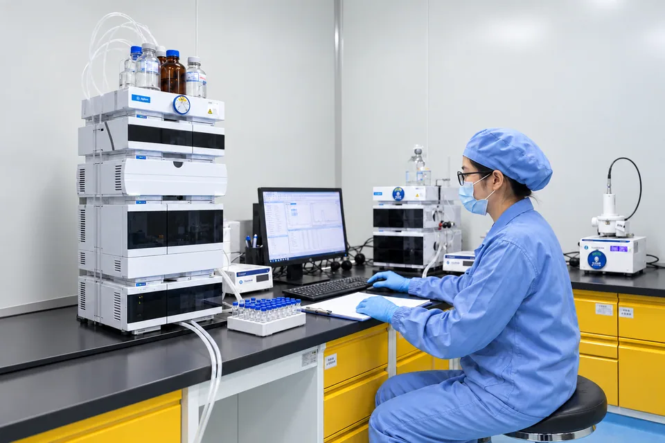 Researcher reviewing chromatograms beside an HPLC system and radioactivity detector