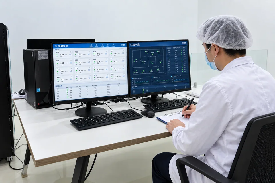 Radiation monitoring workstation displaying illustrative dose-rate points, an area map and status trends.