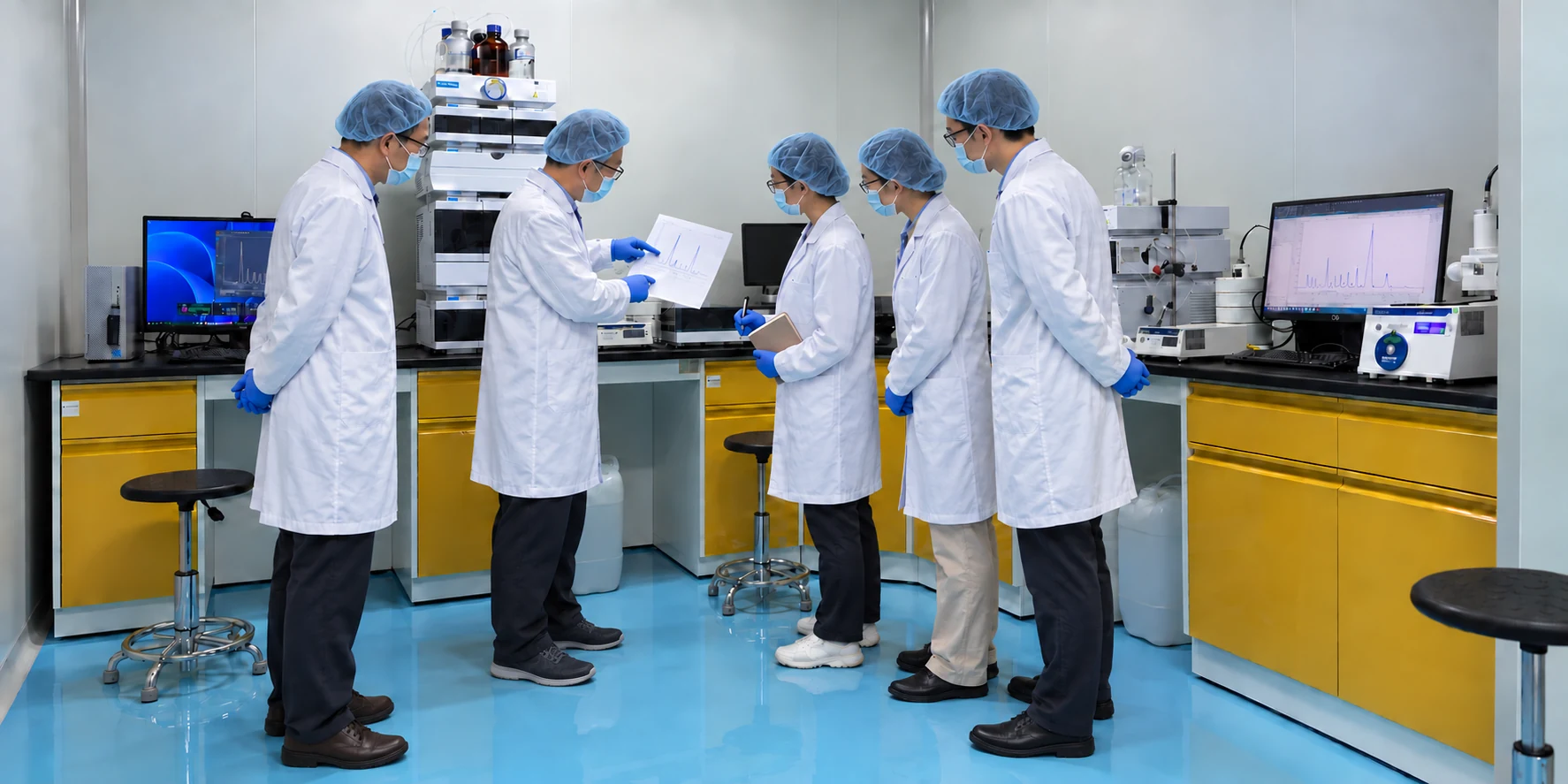 AI-generated illustration of scientists and HUAHE researchers discussing analytical data in a laboratory based on HUAHE facility photographs