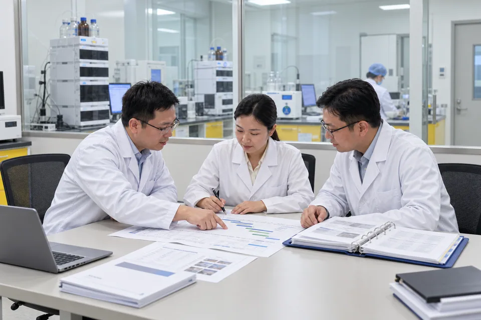 HUAHE scientific team reviewing a project plan in a laboratory