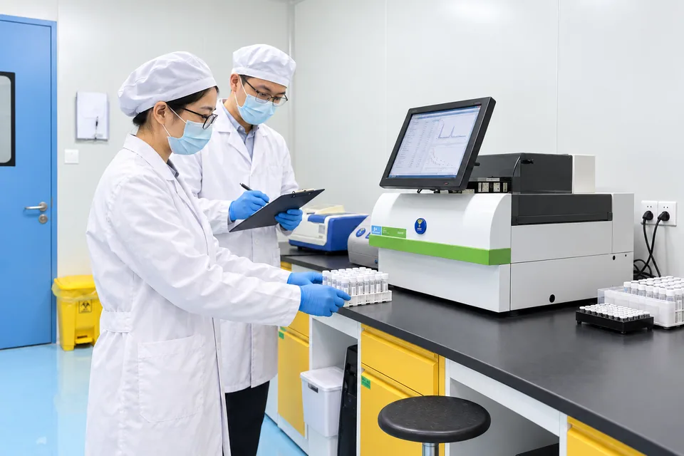 Researchers loading labeled sample tubes into counting equipment beside time–activity data