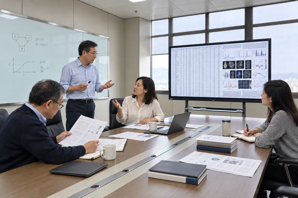 Researchers discussing a study question with scientific figures, papers and notes in a meeting room.