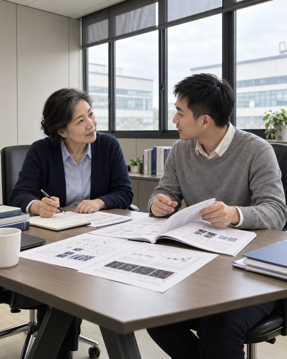 Two researchers comparing scientific figures and handwritten notes in an office.