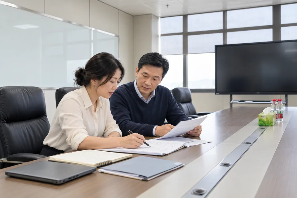 Quality and regulatory lead reviewing controlled records and acceptance criteria with a technical colleague