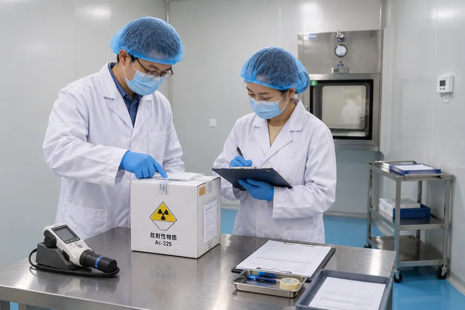 Two staff members checking an Ac-225 package and handover documentation