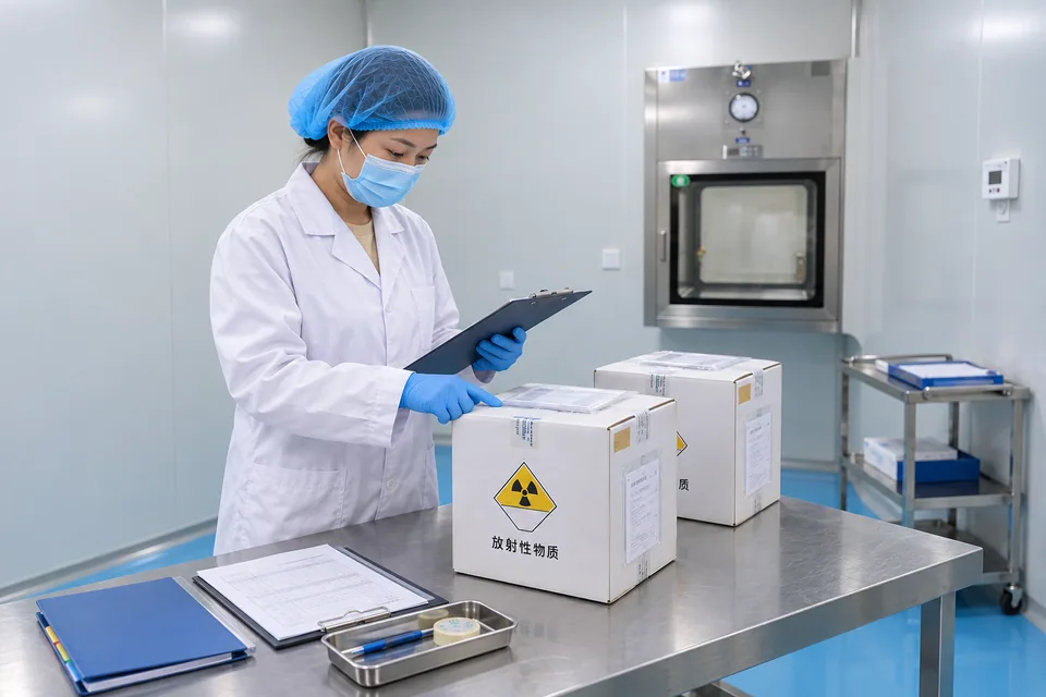 Specialist checking labeled radionuclide transport packages and delivery documents